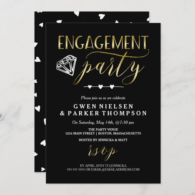Diamond & Hearts | Black & Gold Engagement Party Invitation (Front/Back)
