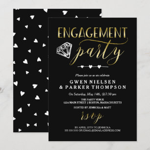 Diamond & Hearts   Black & Gold Engagement Party Invitation