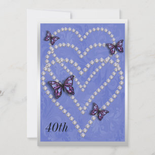 Diamond Hearts & Butterflies 40th Birthday Invitation