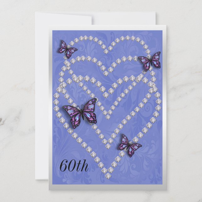 Diamond Hearts & Butterflies 60th Birthday Invitation (Front)