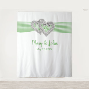 Diamond Hearts Green Ribbon Wedding Backdrop Tapestry