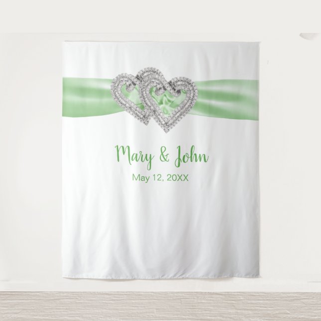 Diamond Hearts Green Ribbon Wedding Backdrop Tapestry (Front)