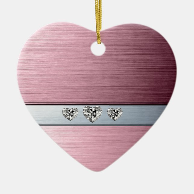 diamond hearts on light pink silvery background ceramic tree decoration (Front)