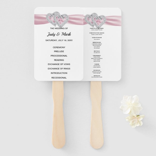 Diamond Hearts Pink Wedding Program Fans (Front and Back)