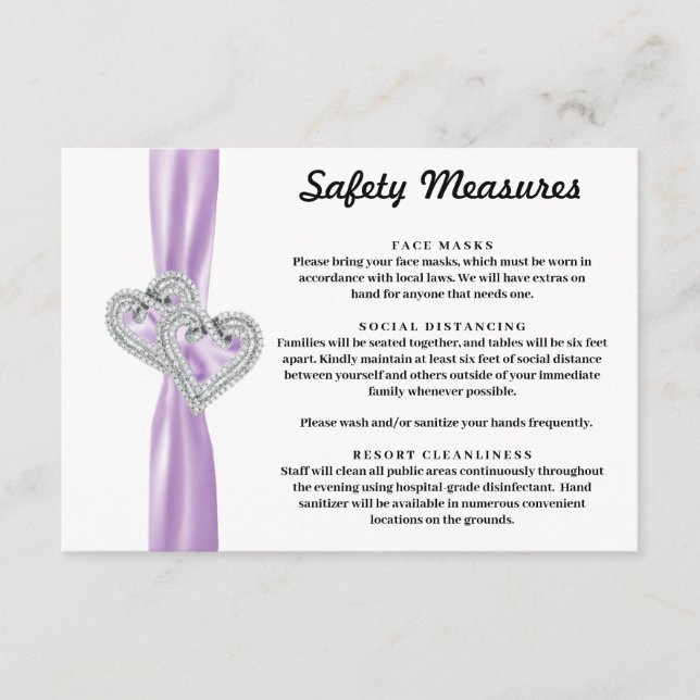 Diamond Hearts Purple Ribbon Safety Measures Enclosure Card (Front)