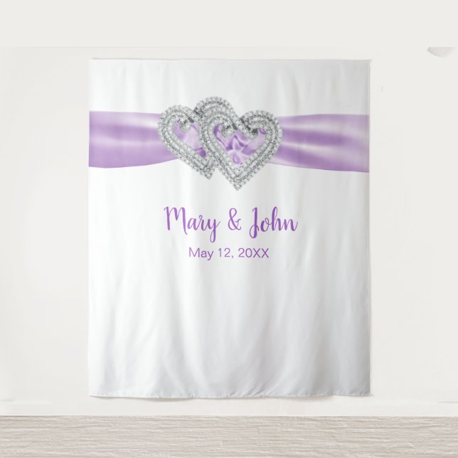Diamond Hearts Purple Ribbon Wedding Backdrop Tapestry (Front)