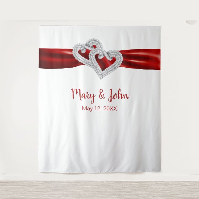 Diamond Hearts Red Ribbon Wedding Backdrop Tapestry (Front)