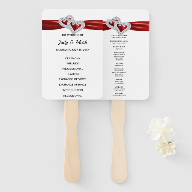 Diamond Hearts Red Wedding Program Fans (Front and Back)