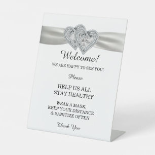 Diamond Hearts White Ribbon Wedding Safety  Pedestal Sign
