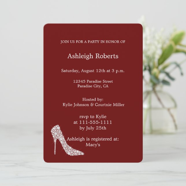 Diamond High Heel Shoe Red Bridal Shower Invitation (Standing Front)