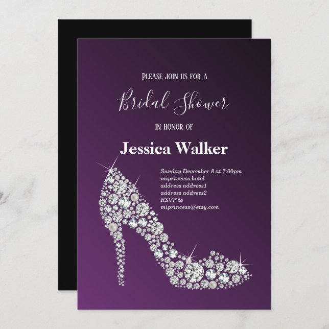 diamond high heels purple elegant  bridal shower invitation (Front/Back)