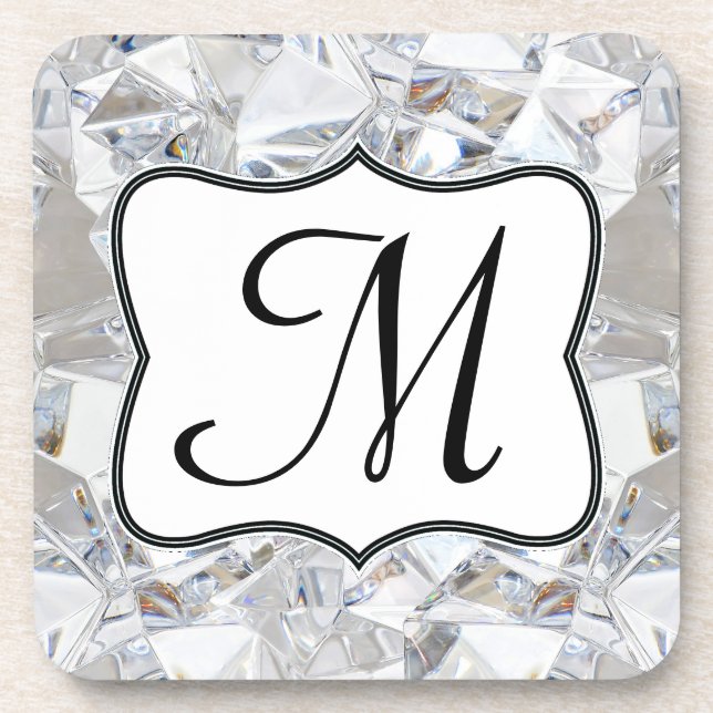 Diamond Ice Crystal Glitz Monogram Drink Coaster (Front)