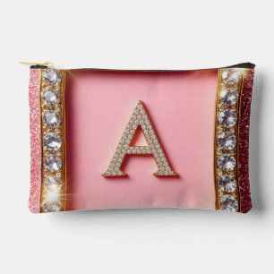 Diamond Initial A Gold Frame Pink Glitter Monogram Accessory Pouch