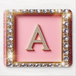 Diamond Initial A Gold Frame Pink Glitter Monogram Mouse Pad