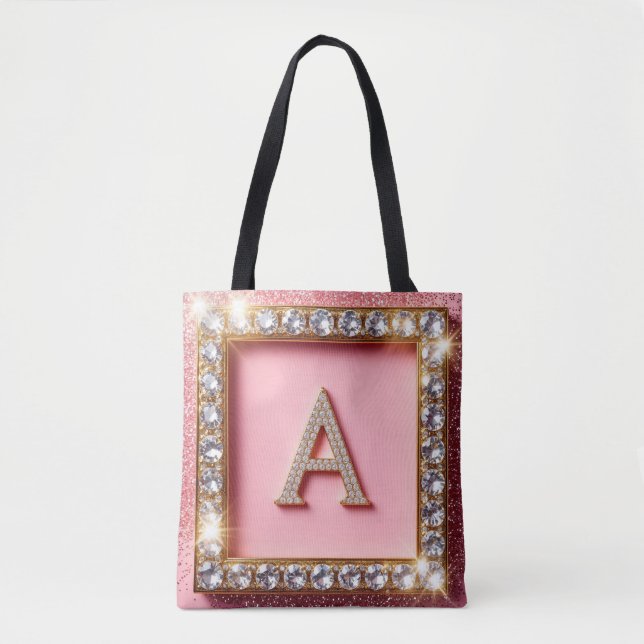 Diamond Initial A Gold Frame Pink Glitter Monogram Tote Bag (Front)