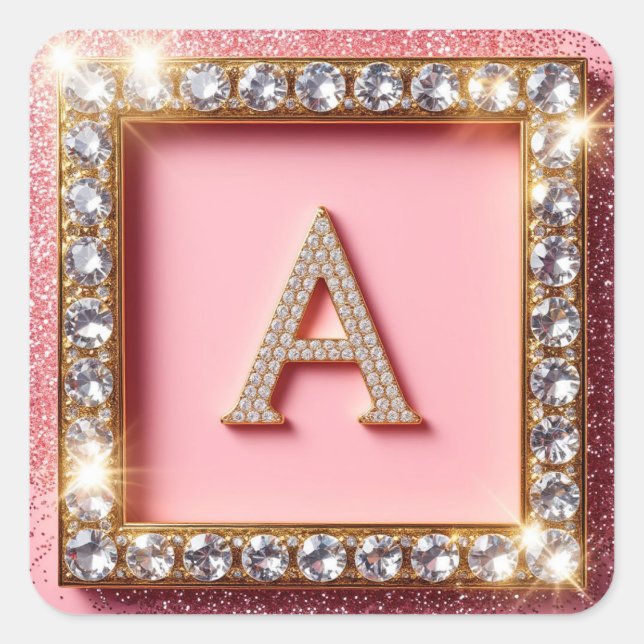Diamond Initial A Pink Glitter Monogram Square Sticker (Front)