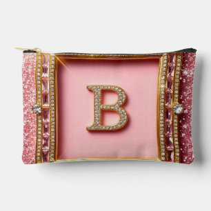 Diamond Initial B Pink Glitter Gold Frame Monogram Accessory Pouch