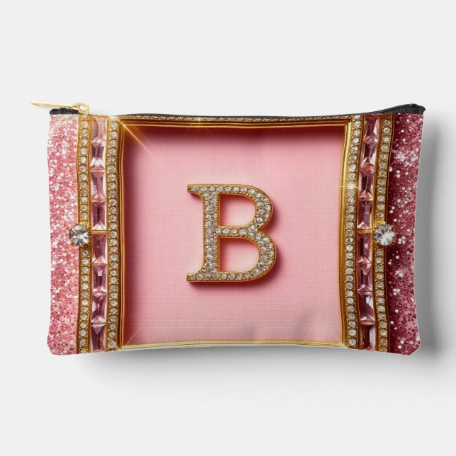 Diamond Initial B Pink Glitter Gold Frame Monogram Accessory Pouch (Front)