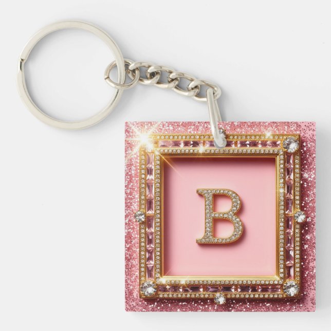 Diamond Initial B Pink Glitter Gold Frame Monogram Key Ring (Front)