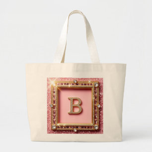 Diamond Initial B Pink Glitter Gold Frame Monogram Large Tote Bag