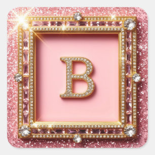 Diamond Initial B Pink Glitter Gold Frame Monogram Square Sticker