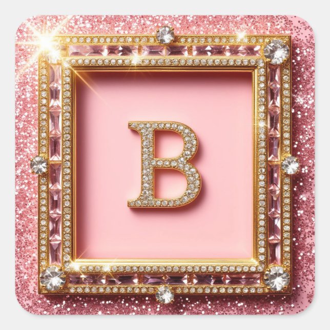 Diamond Initial B Pink Glitter Gold Frame Monogram Square Sticker (Front)