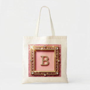 Diamond Initial B Pink Glitter Gold Frame Monogram Tote Bag