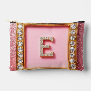 Diamond Initial E Gold Frame Pink Glitter Monogram Accessory Pouch