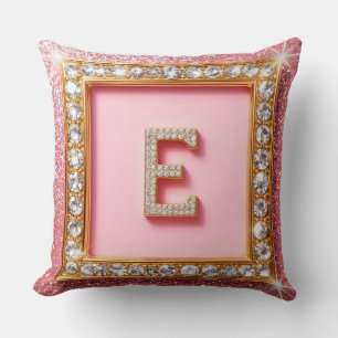 Diamond Initial E Gold Frame Pink Glitter Monogram Cushion