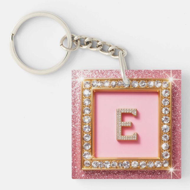 Diamond Initial E Gold Frame Pink Glitter Monogram Key Ring (Front)