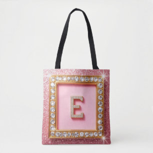 Diamond Initial E Gold Frame Pink Glitter Monogram Tote Bag