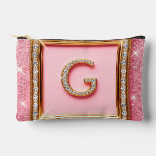 Diamond Initial G Gold Frame Pink Glitter Monogram Accessory Pouch