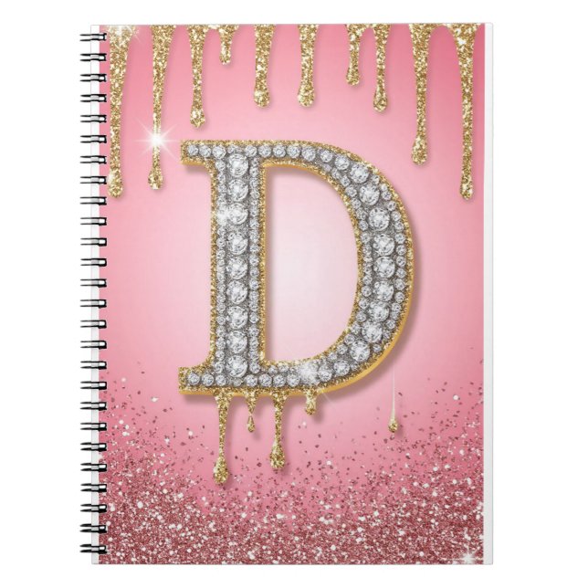 Diamond Initial Letter D Gold Pink Gift For Mum Notebook (Front)