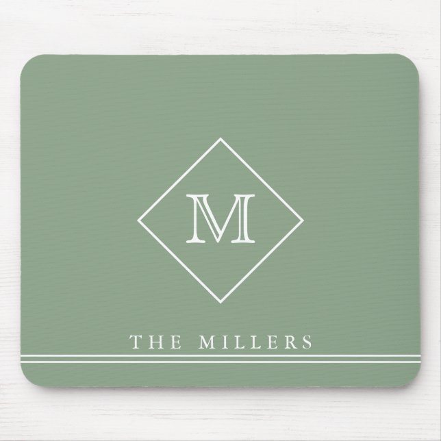 Diamond Initial Monogram, Personalised Sage Green Mouse Pad (Front)