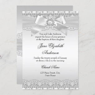 Diamond Lace & Bow Silver Baptism Invite