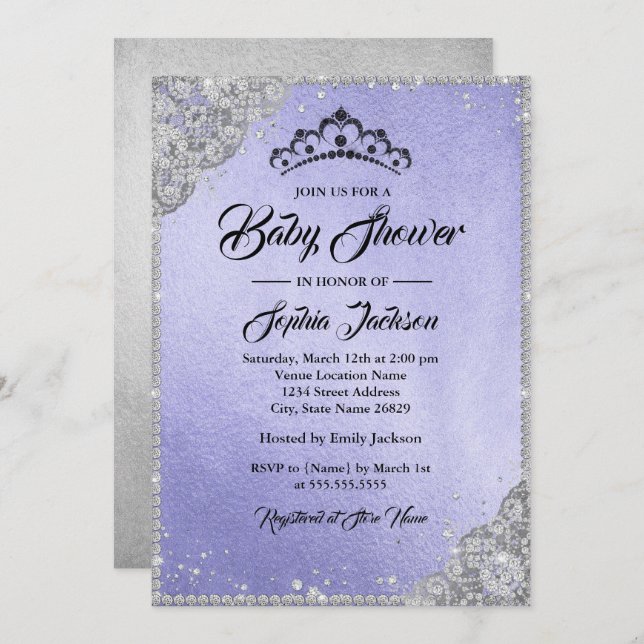 Diamond Lace Purple Silver Girl Baby Shower Invitation (Front/Back)