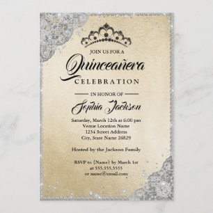Diamond Lace Sparkle Gold Silver Quinceanera Invitation