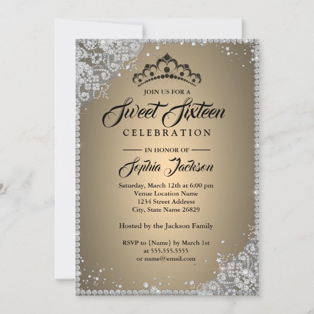 Diamond Lace Sparkle Gold Silver Sweet Sixteen Invitation (Front)