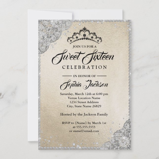 Diamond Lace Sparkle Gold Silver Sweet Sixteen Invitation (Front)