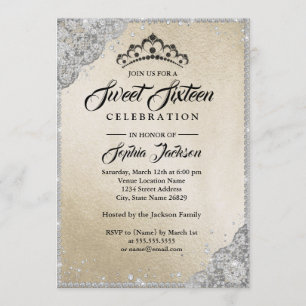 Diamond Lace Sparkle Gold Silver Sweet Sixteen Invitation