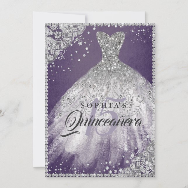 Diamond Lace Sparkle Gown Purple Quinceanera Invitation (Front)