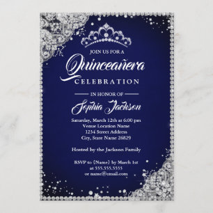 Diamond Lace Sparkle Navy Silver Quinceanera Invitation