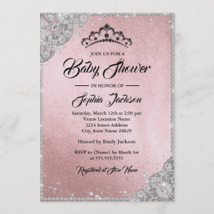 Diamond Lace Sparkle Pink Silver Girl Baby Shower Invitation