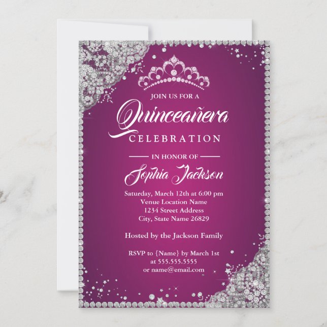Diamond Lace Sparkle Pink Silver Quinceanera Invitation (Front)