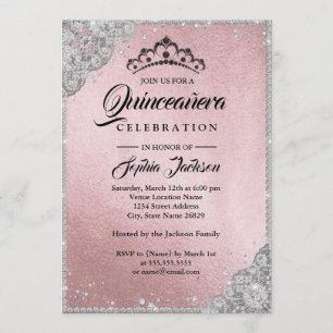 Diamond Lace Sparkle Pink Silver Quinceanera Invitation