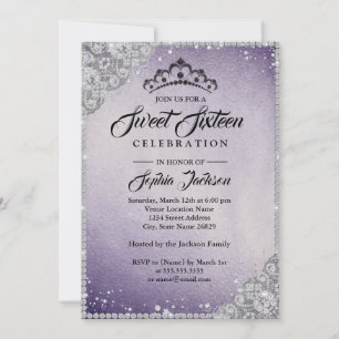 Diamond Lace Sparkle Purple Silver Sweet Sixteen Invitation