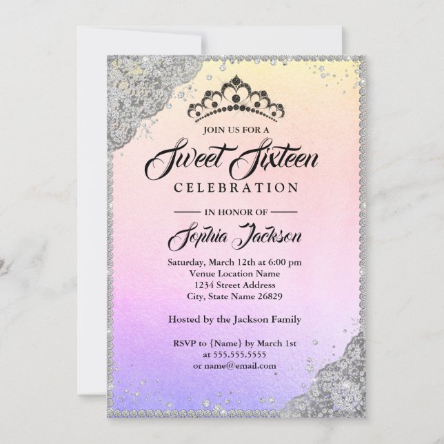 Diamond Lace Sparkle Rainbow Sweet Sixteen Invitation (Front)