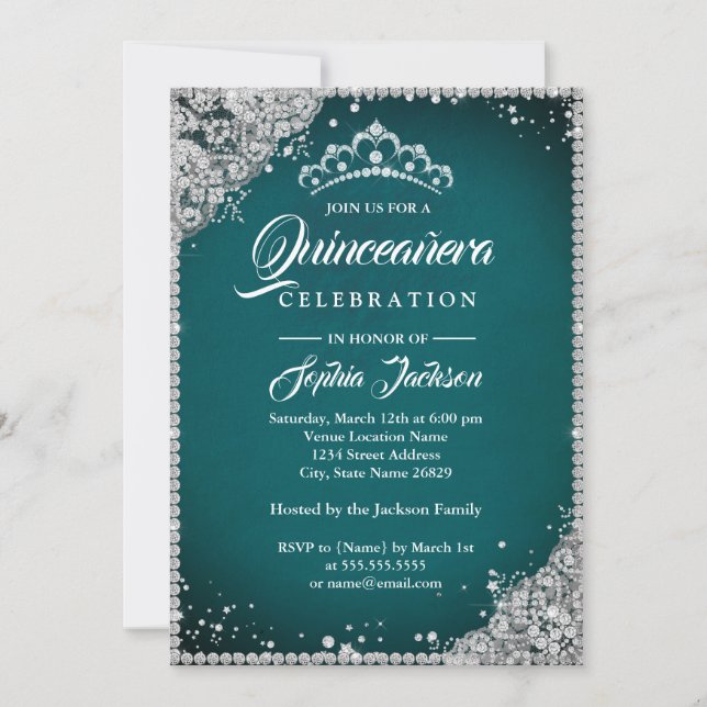 Diamond Lace Sparkle Teal Silver Quinceanera Invitation (Front)