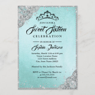 Diamond Lace Sparkle Teal Silver Sweet Sixteen Invitation
