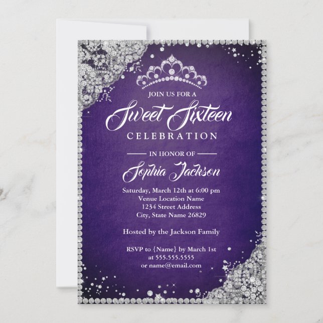 Diamond Lace Sparkle Tiara Purple Sweet Sixteen Invitation (Front)